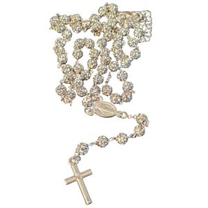 Sterling Silver Rosary Necklace With Cubic Zirconia